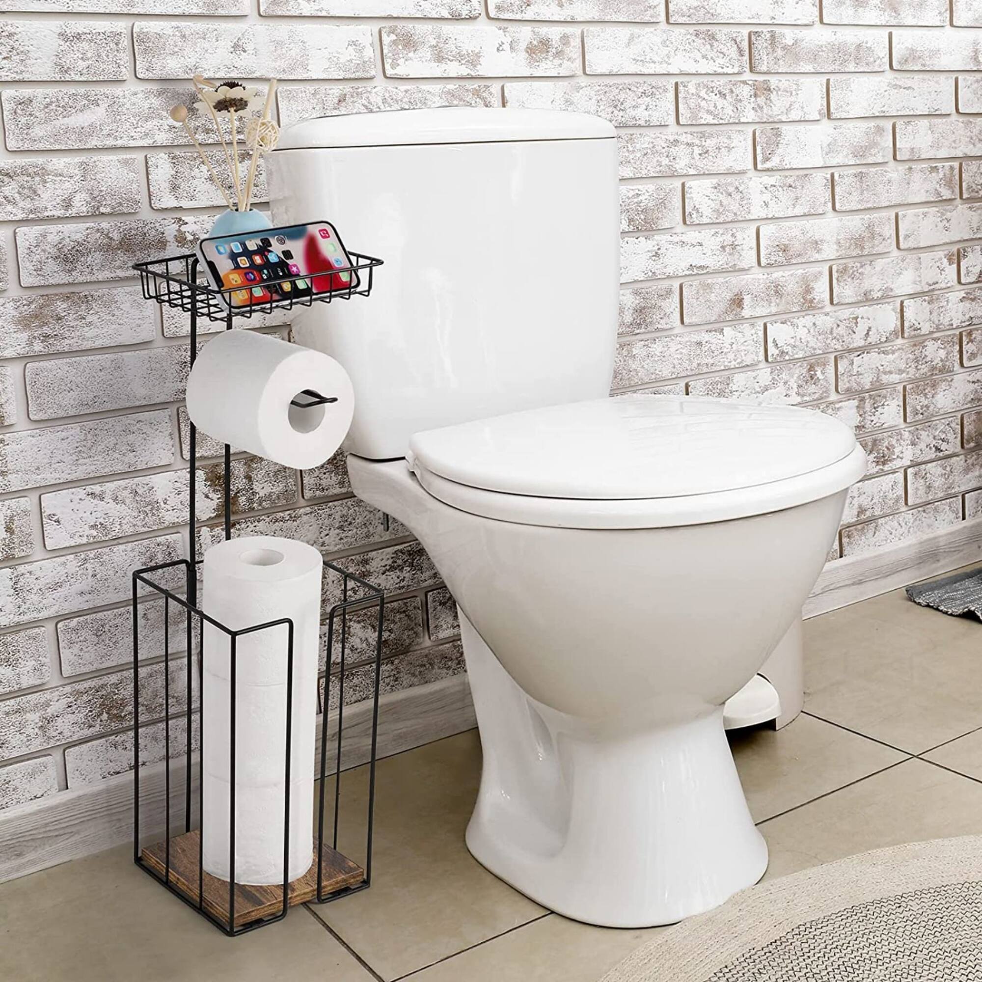 NEX™ 23.5" Black Freestanding Toilet Paper Holder with Shelf
